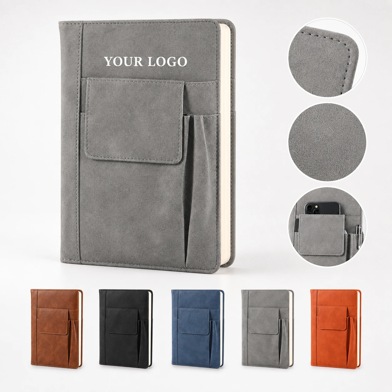 A5 Hardcover Journal Notebook with Imitation Leather Cover, Phone & Card Pockets