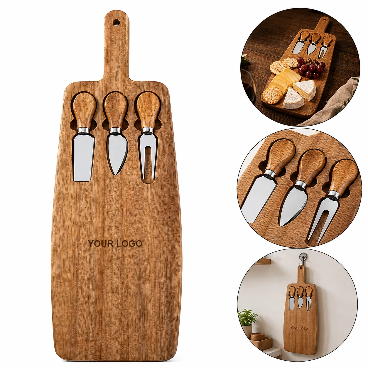 Wood Serving Tray Platter Cheese Cutting Board and Knife Set
