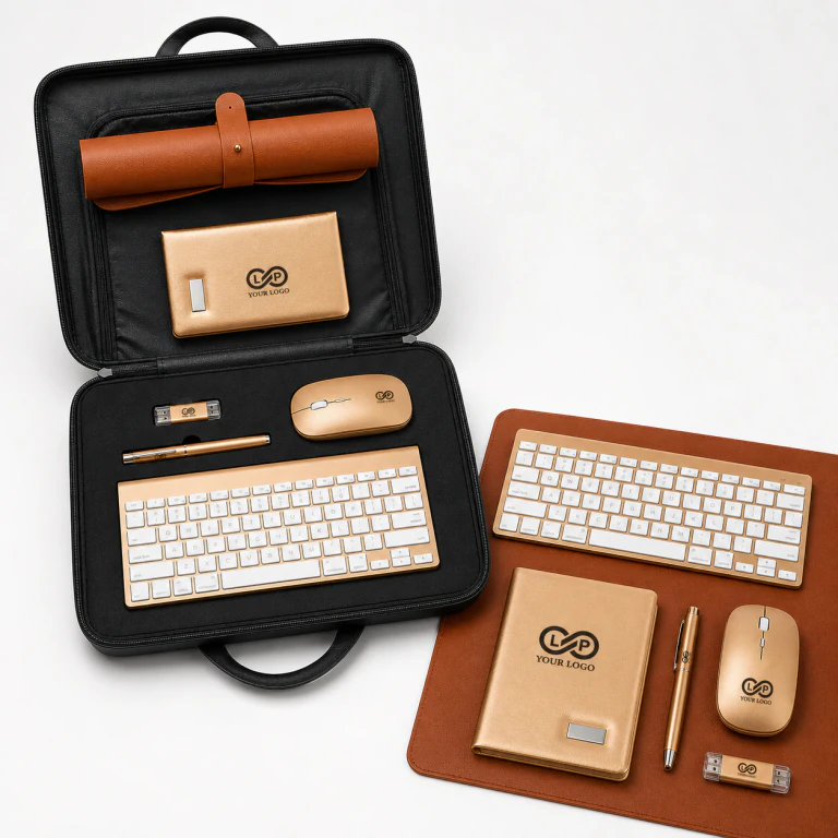 Business Gift Set with Desk Pad, Wireless Keyboard/Mouse, Pen & Notebook