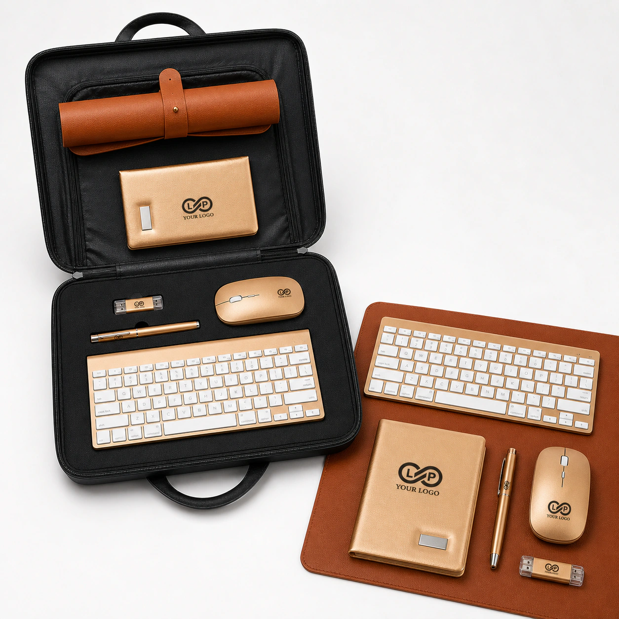 Business Gift Set with Desk Pad, Wireless Keyboard/Mouse, Pen & Notebook