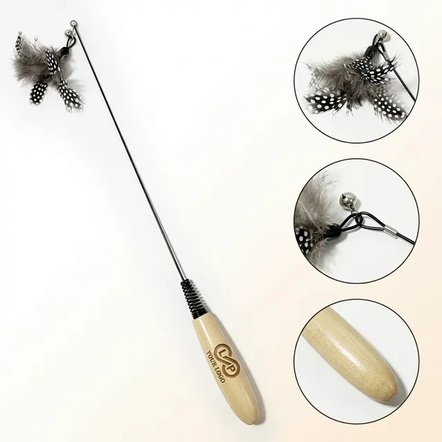 Wooden Handle Spring Feather Cat Toy with Steel Wire