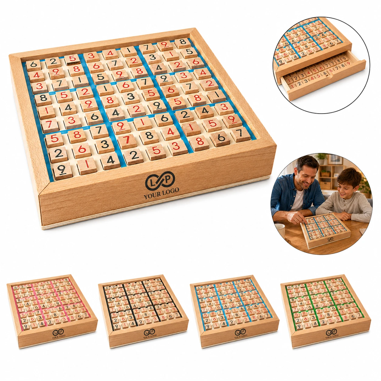 Wooden Sudoku Board Game with Drawer and Double-Sided Tiles