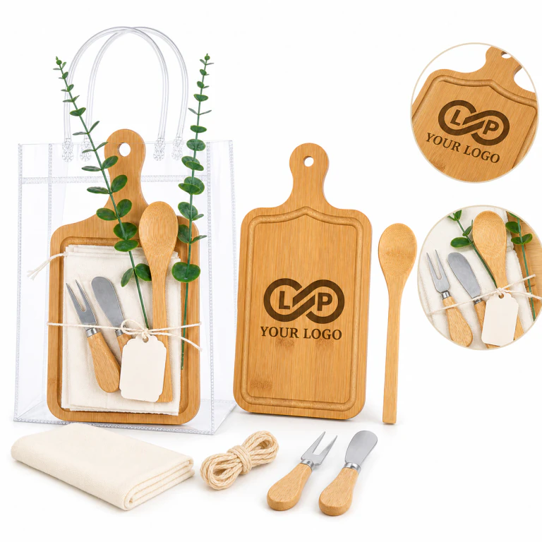 Baby Shower Bridal Gift Bamboo Cheese Board Set with Spoon, Fork, Towel