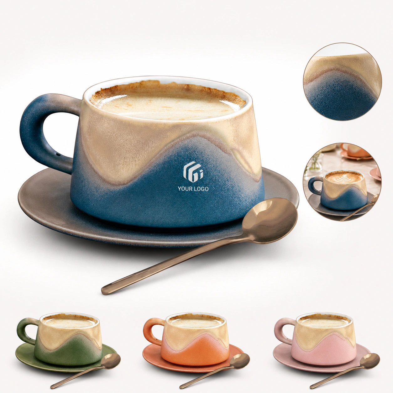 8 Oz Ceramic Coffee Latte Cappuccino Cup and Saucer Set with Logo