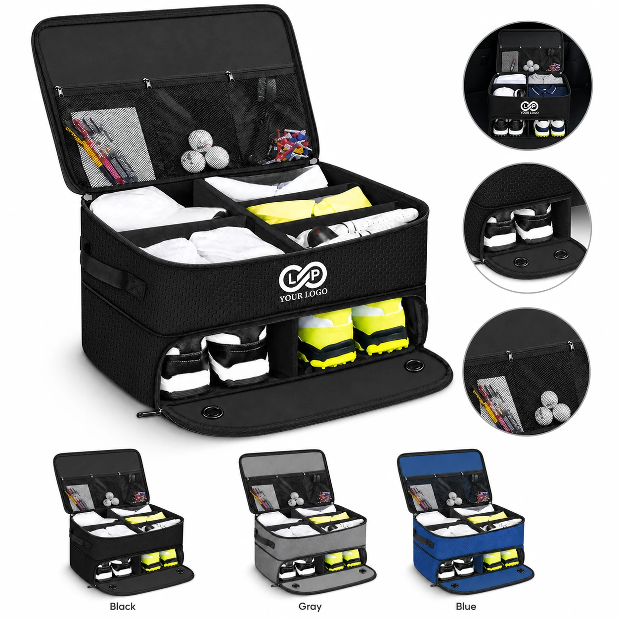 2 Layer Golf Trunk Organizer with Ventilated Shoe Compartment - Storage for Balls, Tees, Clothes - Golf Gifts for Men