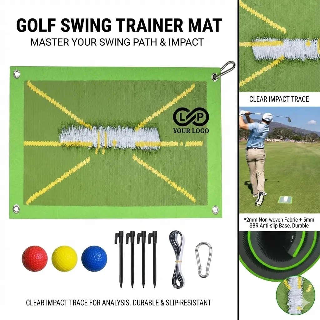 Golf swing path feedback hitting mat with sequins indoor
