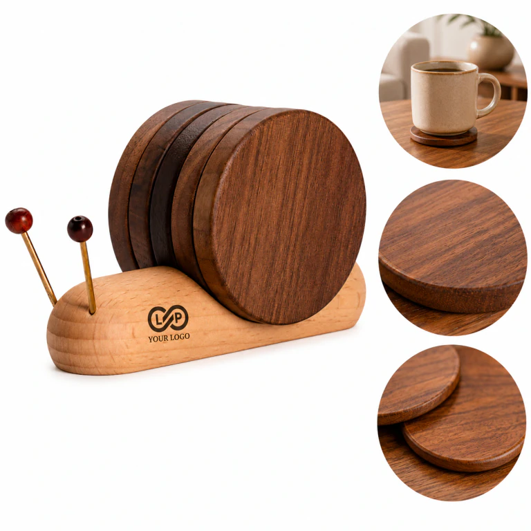 Funny Housewarming Gift Snail Wooden Coasters Set with Holder