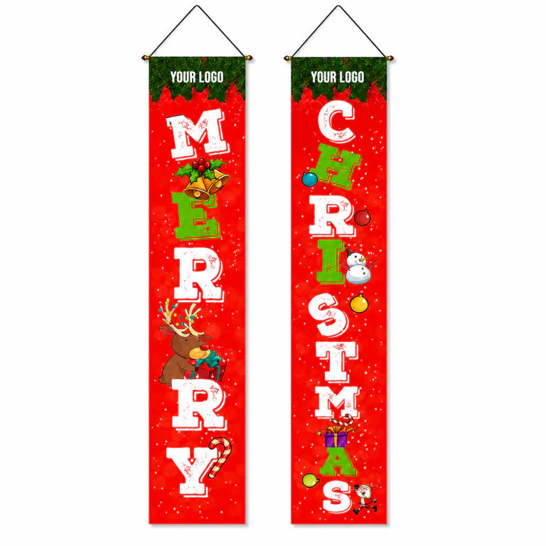 Christmas Porch Banner with Santa Snowmen Patterns Polyester