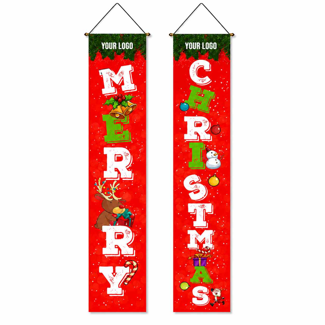 Christmas Porch Banner with Santa Snowmen Patterns Polyester