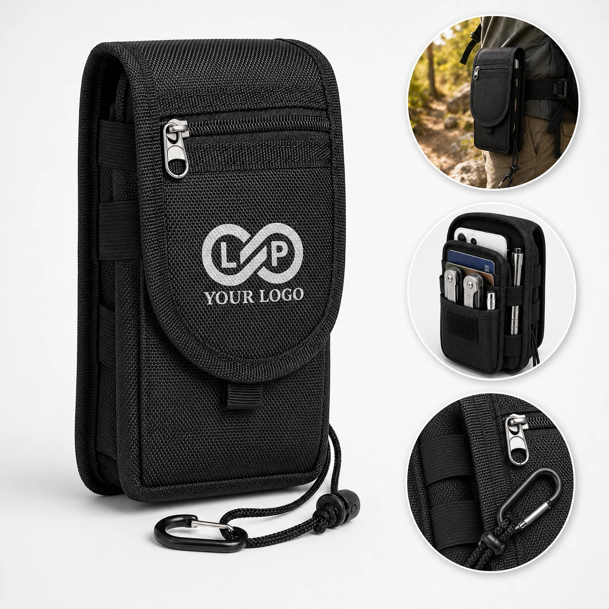 Camping Portable Multi-Pocket Belt Clip Oxford Phone Pouch