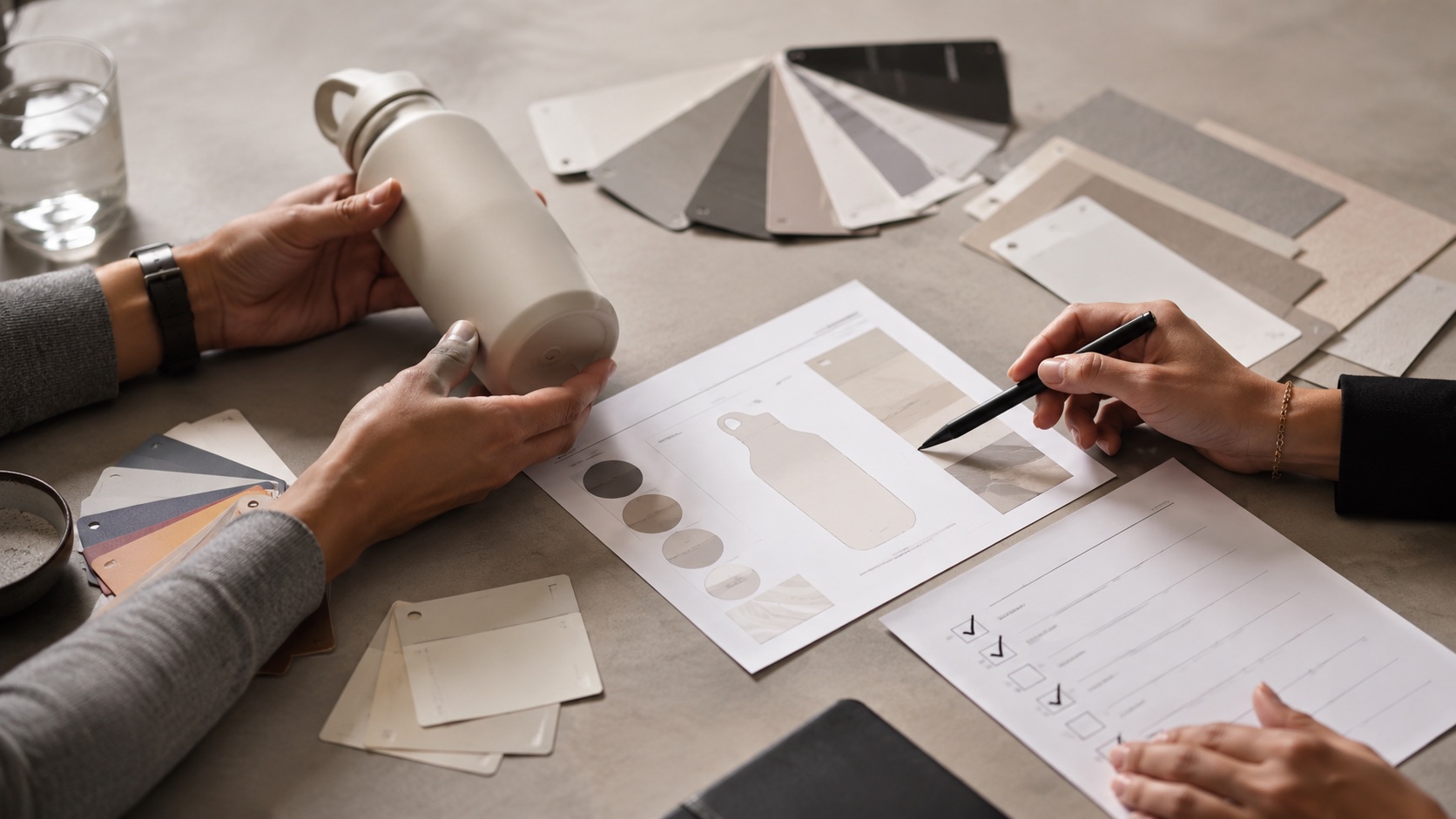 An unbranded product sample, material references, artwork, and a review checklist.