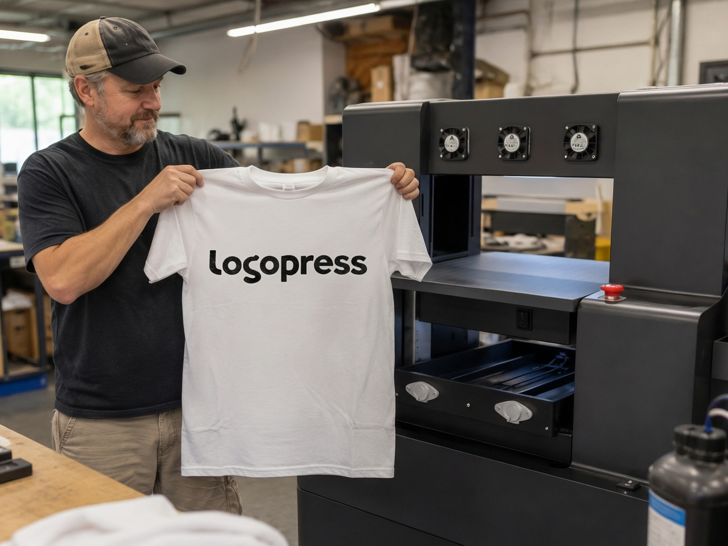 A production specialist presents a white paper takeaway bag printed with the black TakeawayPack wordmark beside a packaging printer.