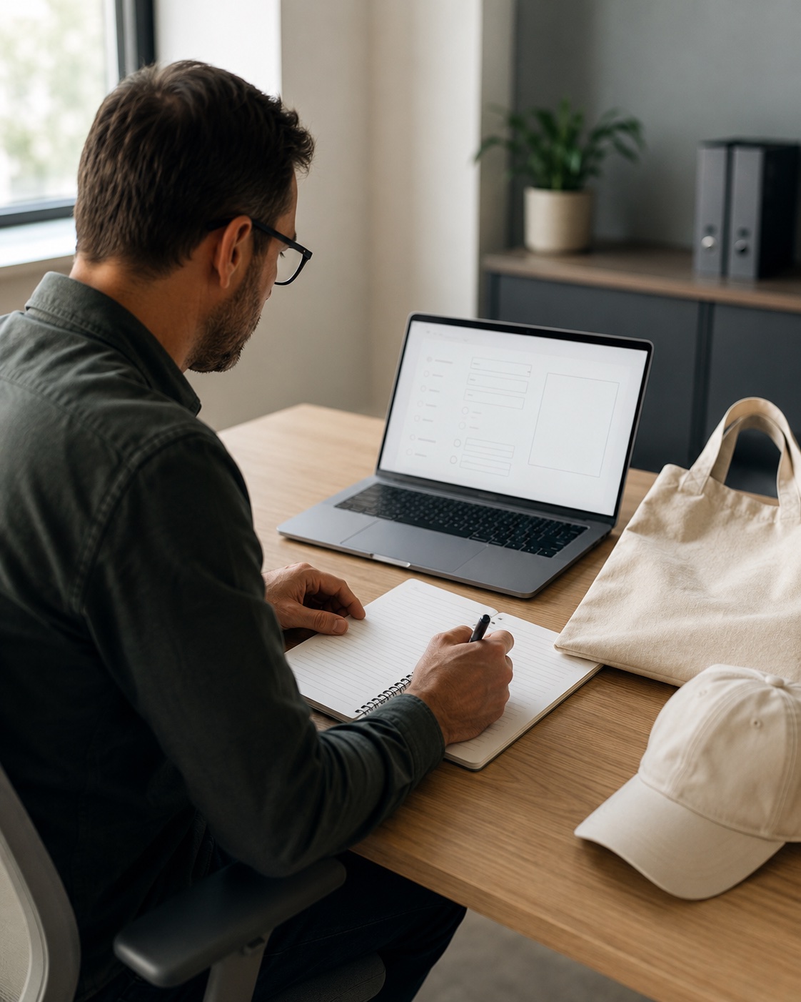 Conceptual editorial photo: a procurement manager drafts a packaging brief beside a laptop with unbranded takeaway packaging samples on the desk.