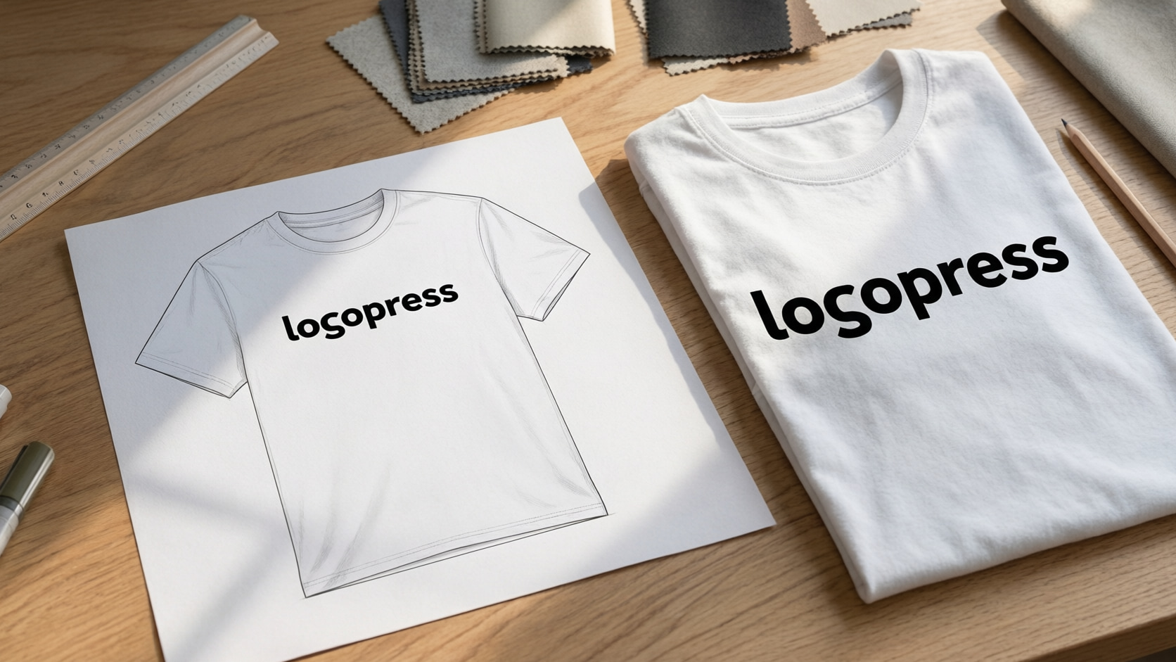 A paper proof of a white paper takeaway bag and a finished white paper takeaway bag display the same black TakeawayPack wordmark.