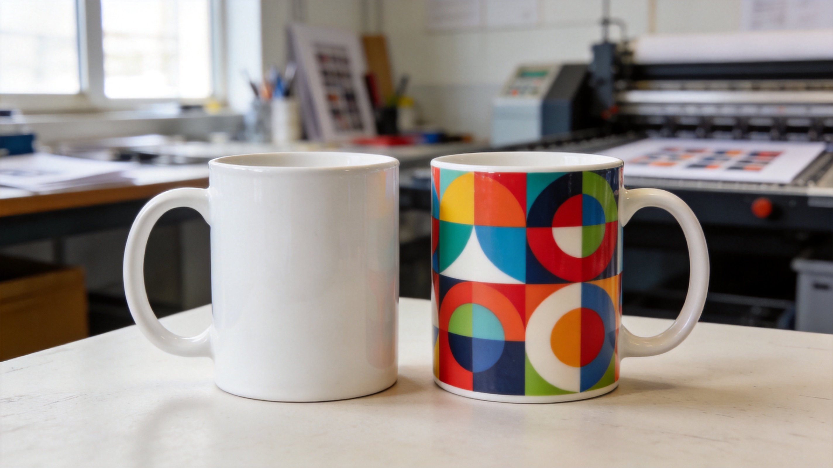 Conceptual editorial photo: two identical takeaway cups side by side, one blank and one with a printed pattern.