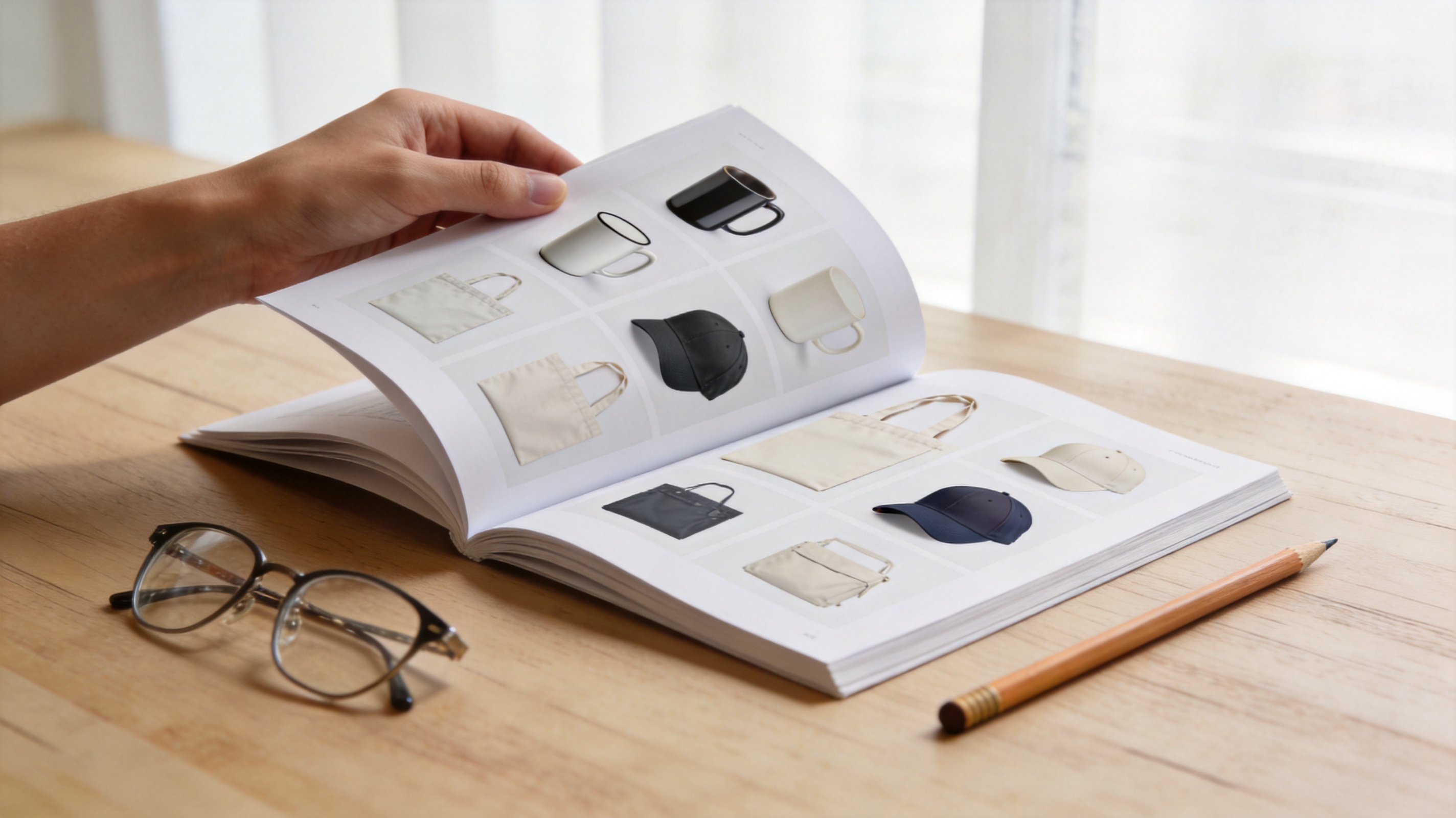Conceptual editorial photo: an open packaging catalog with custom foodservice packaging on a wooden desk.