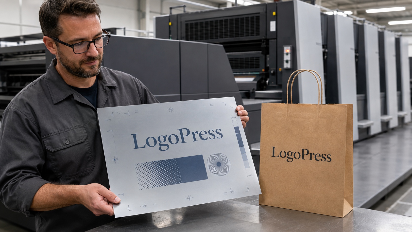 A production specialist holds a right-reading aluminum offset printing plate beside a kraft TakeawayPack bag in front of a sheetfed offset press.